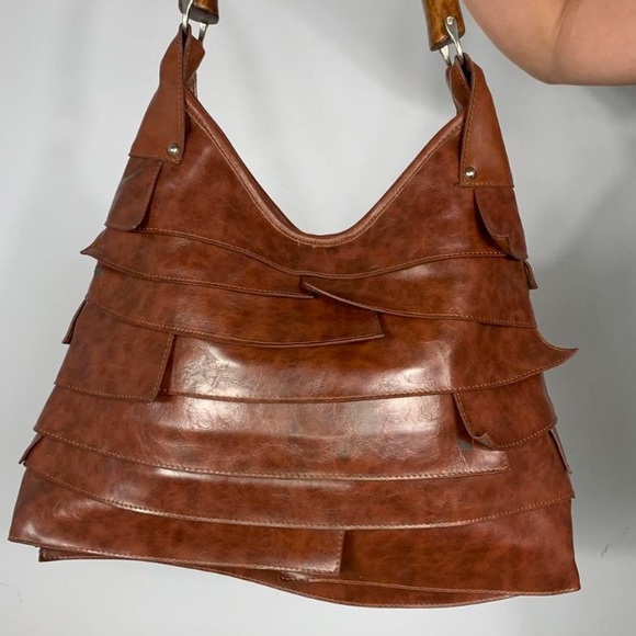 Y2K 90s VINTAGE FLARED LEATHER BROWN TAN PATCHED WOOD SHOULDER PURSE HANDBAG - Picture 2 of 4